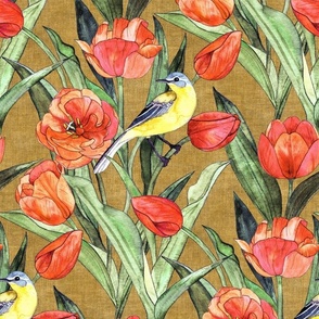 Blue Headed Wagtail in the Tulips - Coral and Olive - Large Print