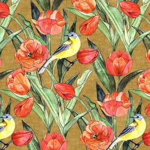 Blue Headed Wagtail in the Tulips - Coral and Olive - Small Print
