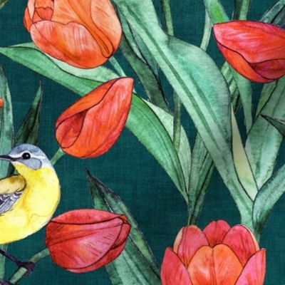 Blue Headed Wagtail in the Tulips - Deep Teal Green - Large Print