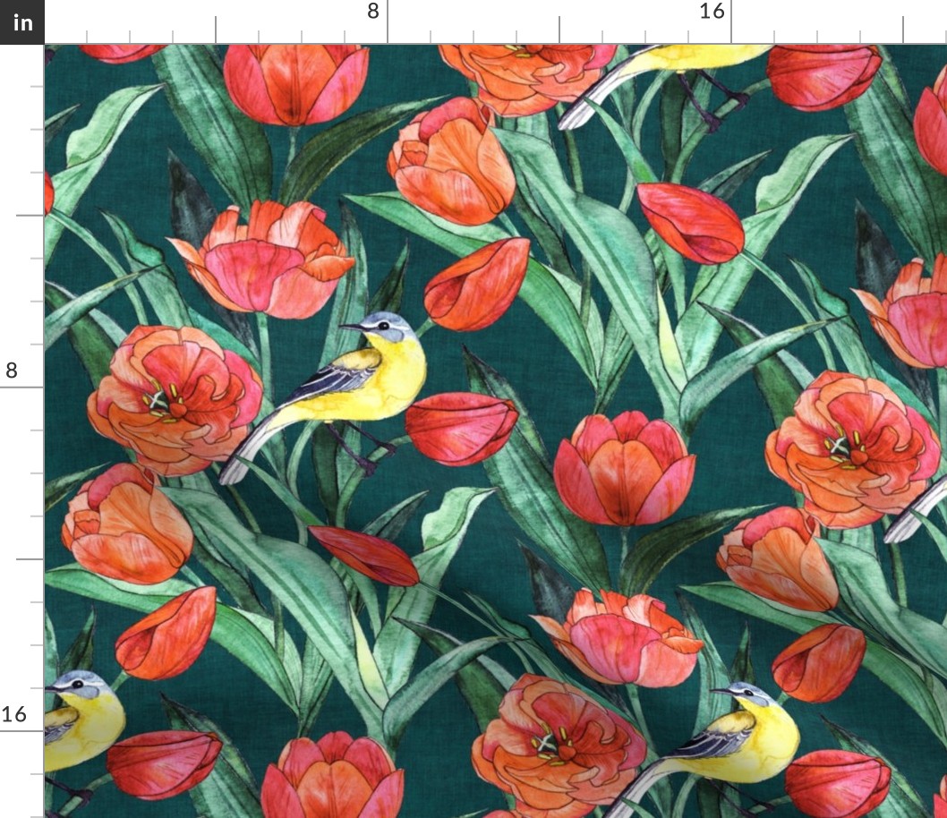 Blue Headed Wagtail in the Tulips - Deep Teal Green - Large Print