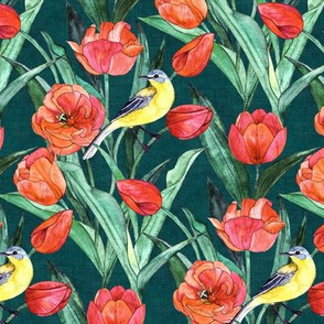 Blue Headed Wagtail in the Tulips - Deep Teal Green - Small Print