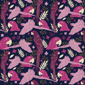 Ara Parrot Pattern Burgundy Pink on Dark Blue