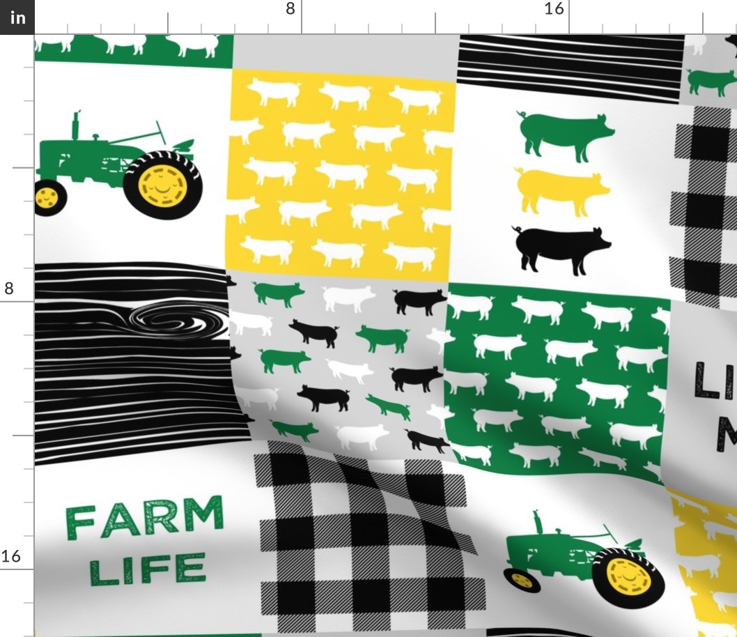 little man/ farm life - wholecloth green, custom yellow, and black - woodgrain - pigs -  C21