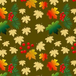 Autumn endless pattern on a green background_ maple leaves and rowan_  1
