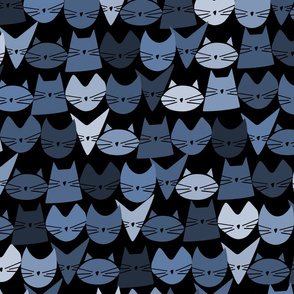 cat - jelly cats shades of blue on black - hand-drawn cat fabric