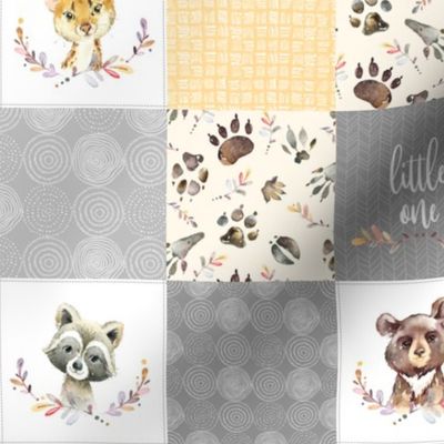 3" BLOCKS- Woodland Animal Cheater Quilt – Little One Gender Neutral Gray + Honey Gold Patchwork, Style E