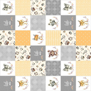 3" BLOCKS- Woodland Animal Cheater Quilt – Little One Gender Neutral Gray + Honey Gold Patchwork, Style E, rotated
