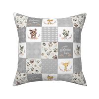 3" BLOCKS- Woodland Animal Tracks Cheater Quilt – Adventure Gender Neutral Gray Patchwork, Style G