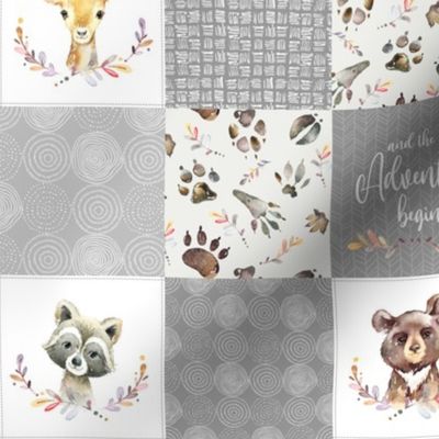 3" BLOCKS- Woodland Animal Tracks Cheater Quilt – Adventure Gender Neutral Gray Patchwork, Style G