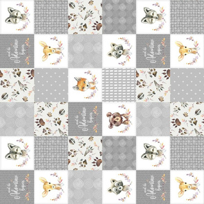 3" BLOCKS- Woodland Animal Tracks Cheater Quilt – Adventure Gender Neutral Gray Patchwork, Style G, rotated