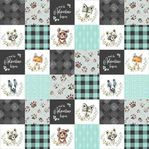 3" BLOCKS- Woodland Animal Tracks Quilt Top – Onyx + Mint Patchwork Cheater Quilt, Style C