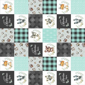 3" BLOCKS- Woodland Animal Tracks Quilt Top – Onyx + Mint Patchwork Cheater Quilt, Style C ROTATED