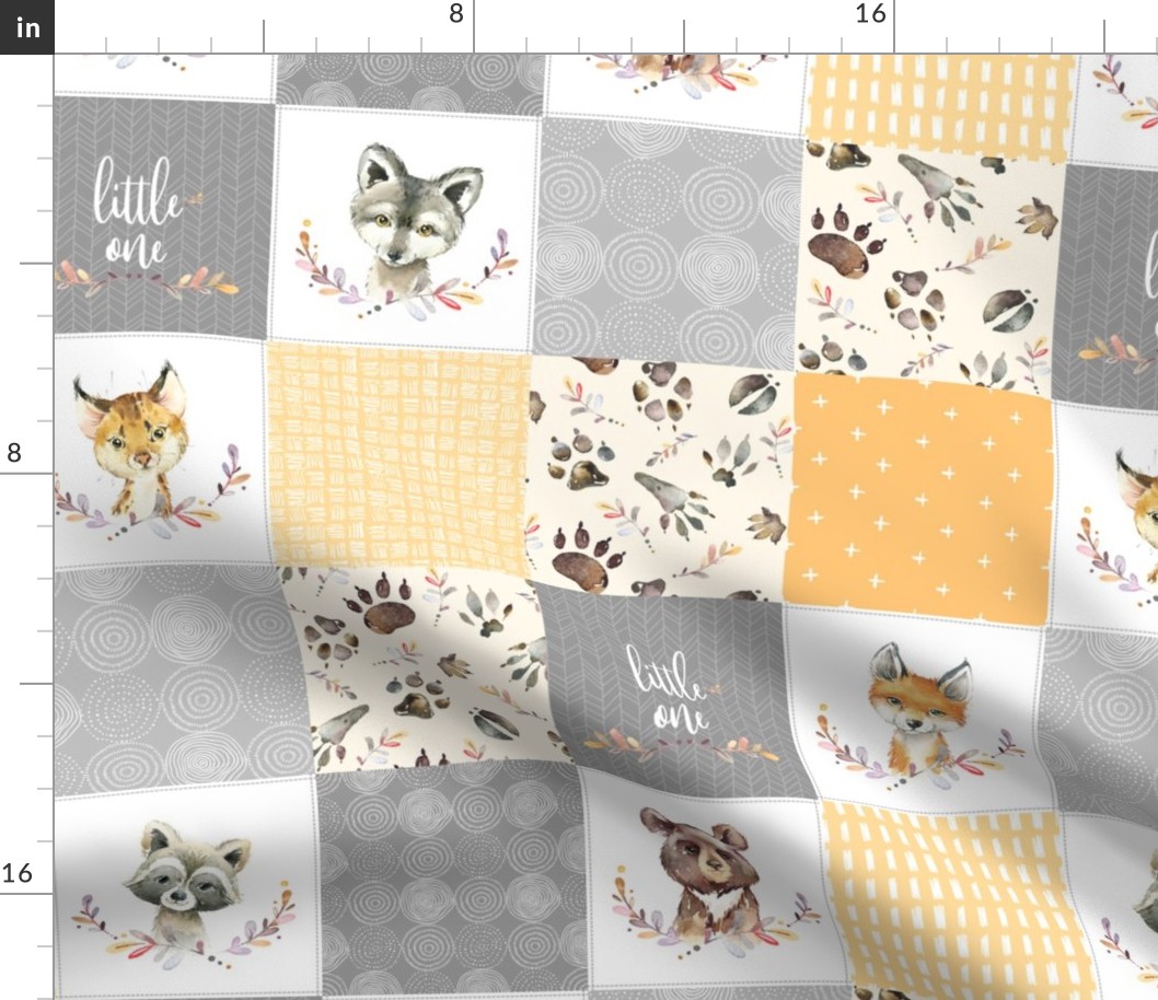 4 1/2" BLOCKS- Woodland Animal Cheater Quilt – Little One Gender Neutral Gray + Honey Gold Patchwork, Style E