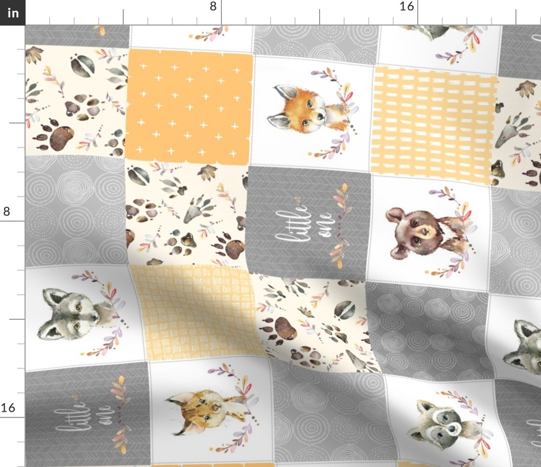 4 1/2" BLOCKS- Woodland Animal Cheater Quilt – Little One Gender Neutral Gray + Honey Gold Patchwork, Style E, ROTATED