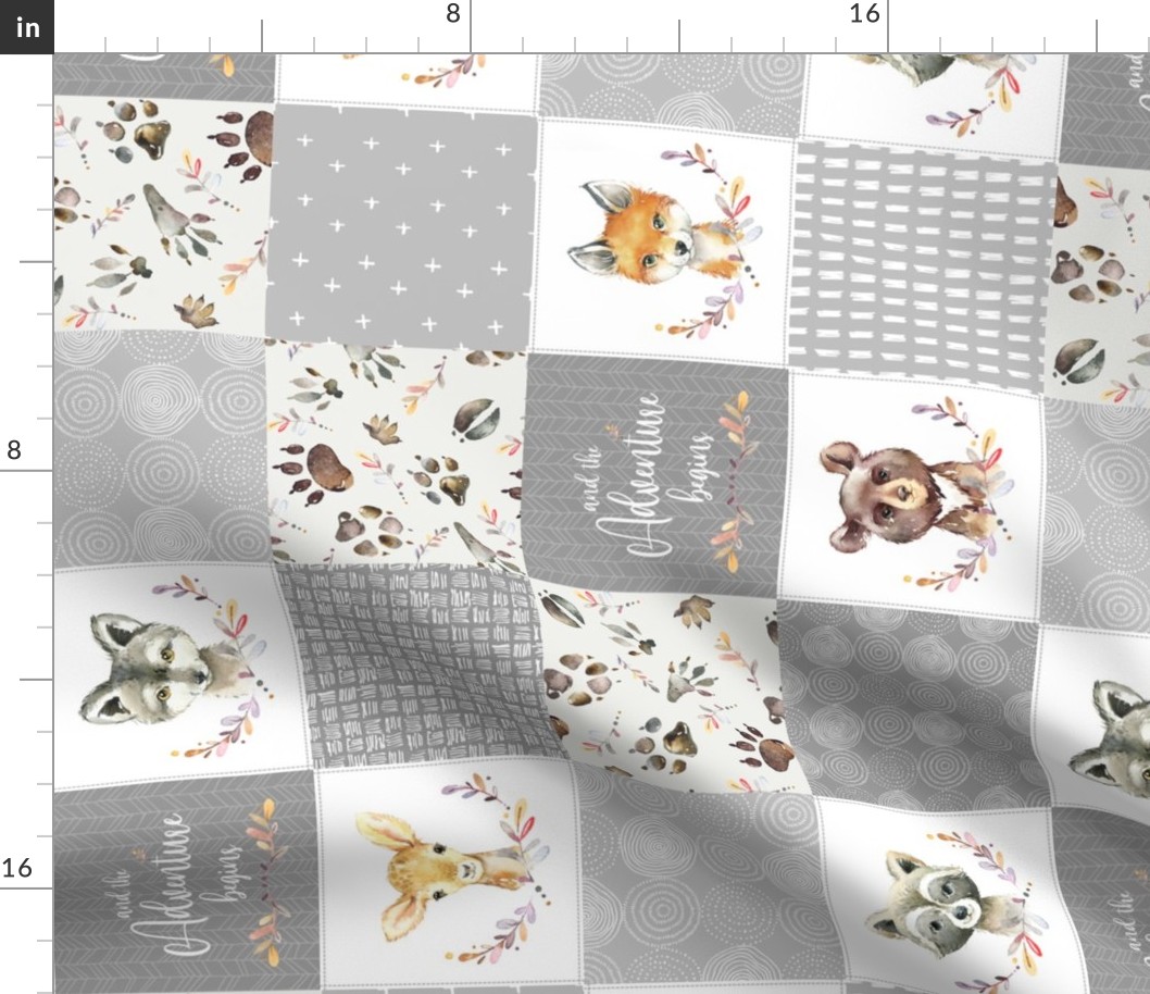 4 1/2" BLOCKS- Woodland Animal Tracks Cheater Quilt – Adventure Gender Neutral Gray Patchwork, Style G, rotated
