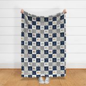 4 1/2" BLOCKS- Woodland Animal Tracks Quilt Top – Navy + Grey Patchwork Cheater Quilt, ROTATED Style A