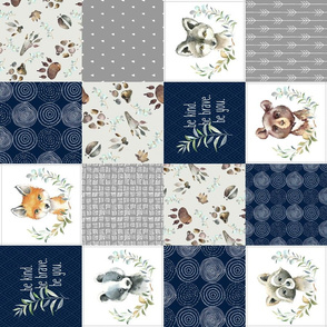 4 1/2" BLOCKS- Woodland Animal Tracks Quilt Top – Navy + Grey Patchwork Cheater Quilt, ROTATED Style A