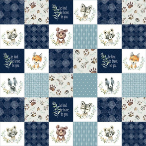 3" BLOCKS- Woodland Animal Tracks Quilt Top – Navy + Blue Patchwork Cheater Quilt, Style B