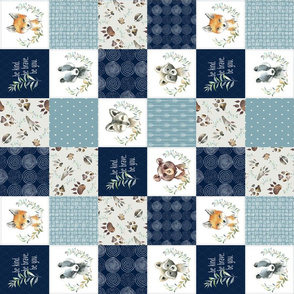 3" BLOCKS- Woodland Animal Tracks Quilt Top – Navy + Blue Patchwork Cheater Quilt, ROTATED, Style B