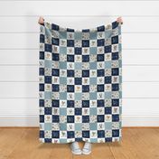 4 1/2" BLOCKS- Woodland Animal Tracks Quilt Top – Navy + Blue Patchwork Cheater Quilt, Style B