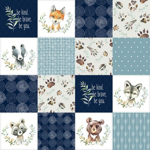 4 1/2" BLOCKS- Woodland Animal Tracks Quilt Top – Navy + Blue Patchwork Cheater Quilt, Style B