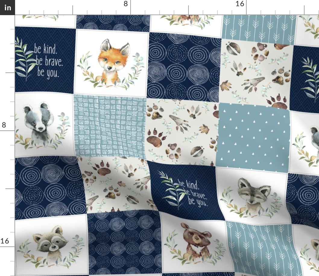 4 1/2" BLOCKS- Woodland Animal Tracks Quilt Top – Navy + Blue Patchwork Cheater Quilt, Style B