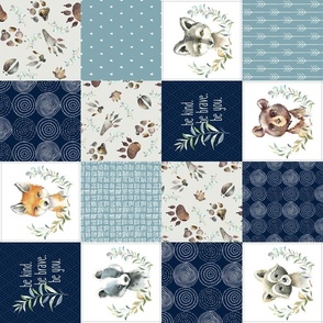4 1/2" BLOCKS- Woodland Animal Tracks Quilt Top – Navy + Blue Patchwork Cheater Quilt, ROTATED, Style B