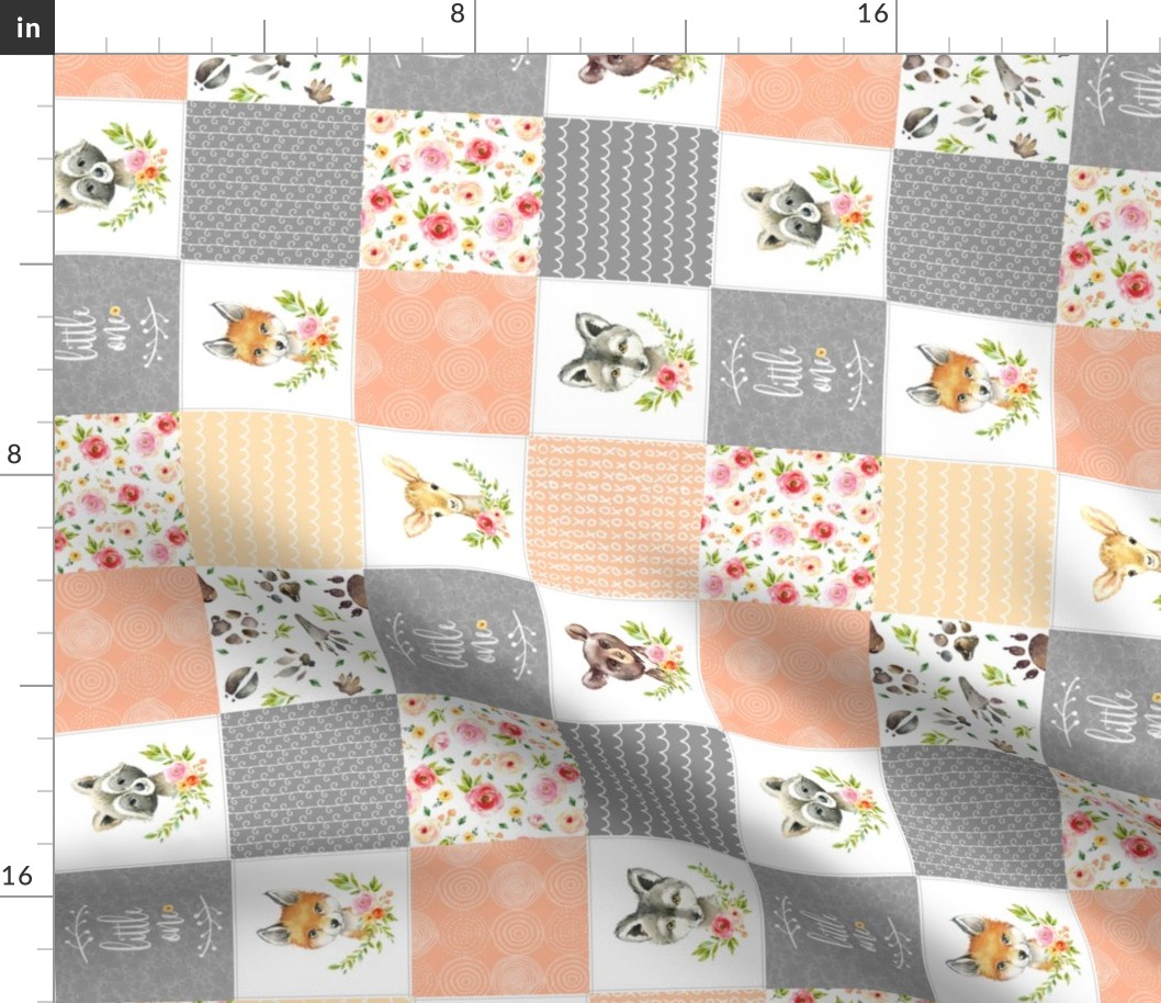 3" BLOCKS- Peach Girls Woodland Cheater Quilt – Little One Blanket Patchwork, ROTATED, Style H