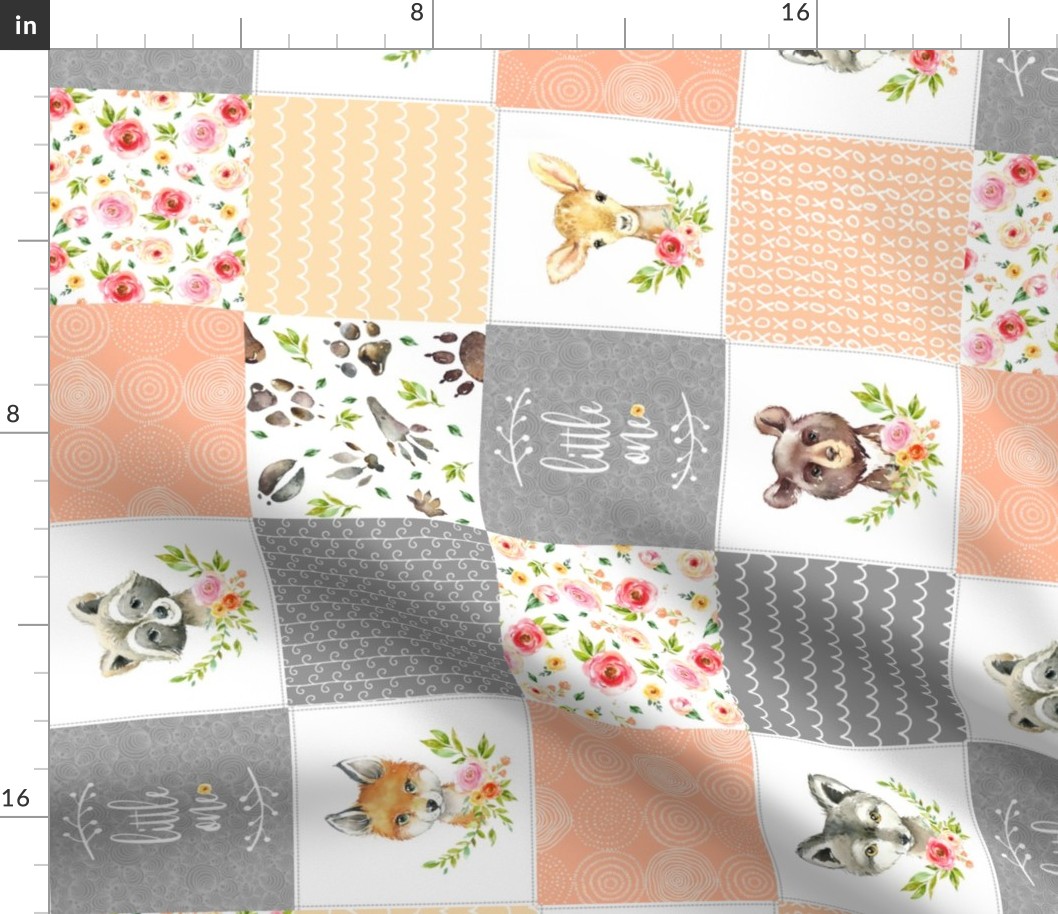 4 1/2" BLOCKS- Peach Girls Woodland Cheater Quilt – Little One Blanket Patchwork, ROTATED, Style H