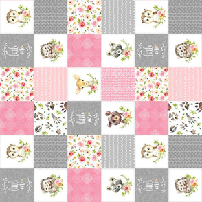 3" BLOCKS- Pink Girls Woodland Cheater Quilt – Little One Blanket Patchwork, ROTATED, Style P