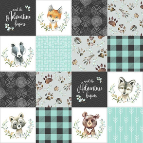 4 1/2" BLOCKS- Woodland Animal Tracks Quilt Top – Onyx + Mint Patchwork Cheater Quilt, Style C