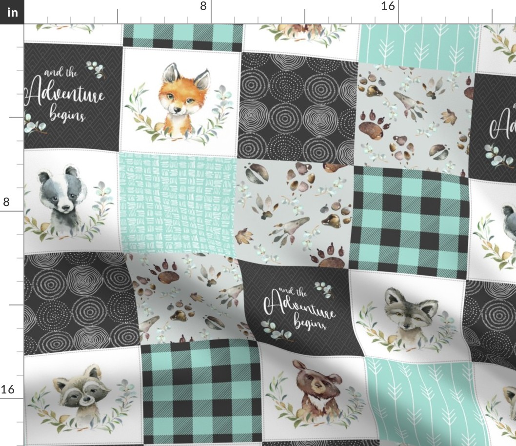 4 1/2" BLOCKS- Woodland Animal Tracks Quilt Top – Onyx + Mint Patchwork Cheater Quilt, Style C