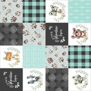 4 1/2" BLOCKS- Woodland Animal Tracks Quilt Top – Onyx + Mint Patchwork Cheater Quilt, ROTATED, Style C