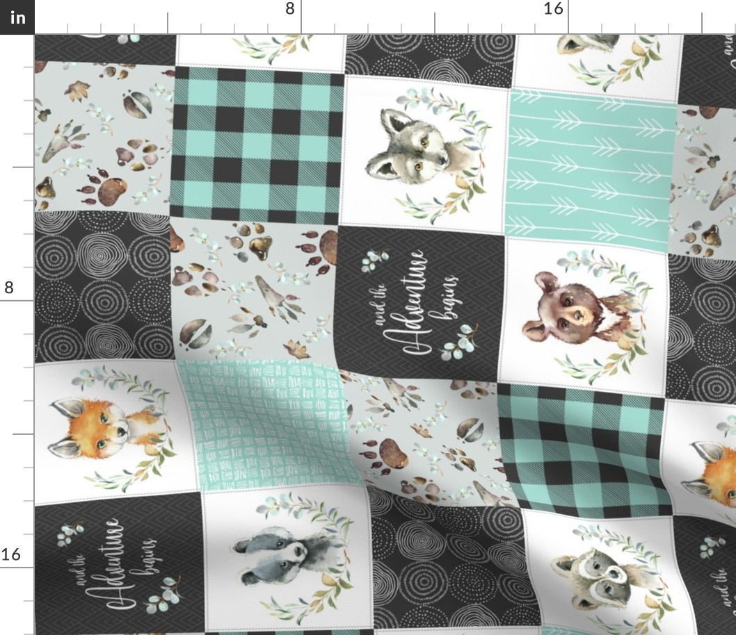 4 1/2" BLOCKS- Woodland Animal Tracks Quilt Top – Onyx + Mint Patchwork Cheater Quilt, ROTATED, Style C