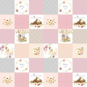 3" BLOCKS- Daddy's Girl Nursery Quilt Panel - Woodland Animals Baby Girl Blanket, Bear Bunny Deer - Pastel Pink Blush + Gray - MIA Pattern D2