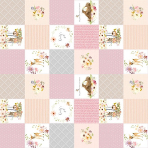 3" BLOCKS- Daddy's Girl Nursery Quilt Panel - Woodland Animals Baby Girl Blanket, Bear Bunny Deer - Pastel Pink Blush + Gray - ROTATED, MIA Pattern D2