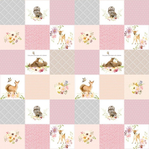 3" BLOCKS- Girls Woodland Quilt Panel - Baby Blanket, Bear Fox Deer Owl - Pastel Pink Blush + Gray - MIA Pattern D3