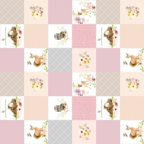 3" BLOCKS- Girls Woodland Quilt Panel ROTATED - Baby Blanket, Bear Fox Deer Owl - Pastel Pink Blush + Gray - MIA Pattern D3