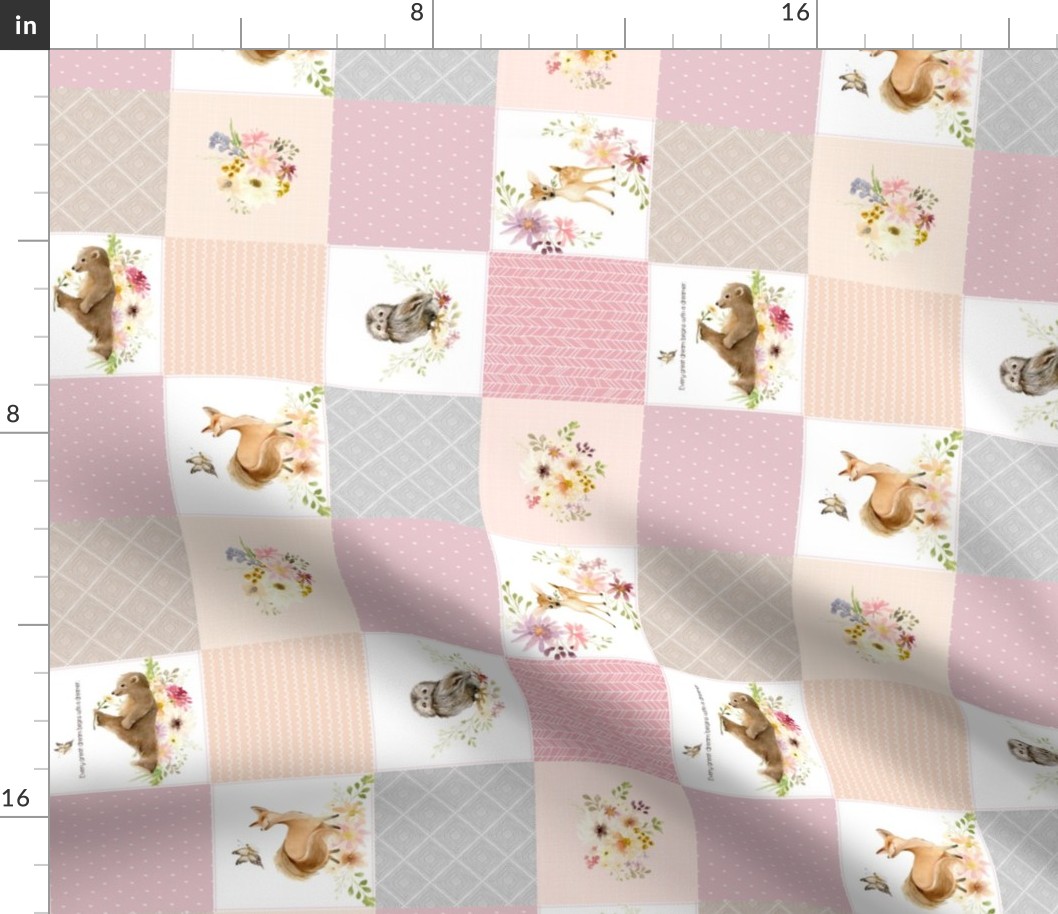 3" BLOCKS- Girls Woodland Quilt Panel ROTATED - Baby Blanket, Bear Fox Deer Owl - Pastel Pink Blush + Gray - MIA Pattern D3