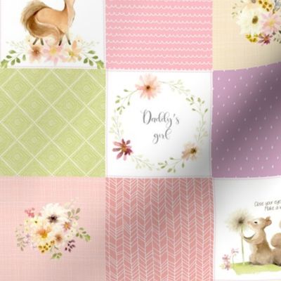 3" BLOCKS- Daddy's Girl Quilt Blanket Panel - Cheater Quilt - Bear Squirrel Fox Flowers - Pink Lilac Lime Blush, AVA Pattern E1