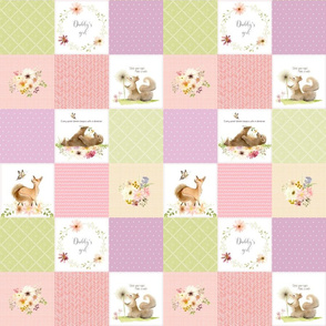 3" BLOCKS- Daddy's Girl Quilt Blanket Panel - Cheater Quilt - Bear Squirrel Fox Flowers - Pink Lilac Lime Blush, AVA Pattern E1