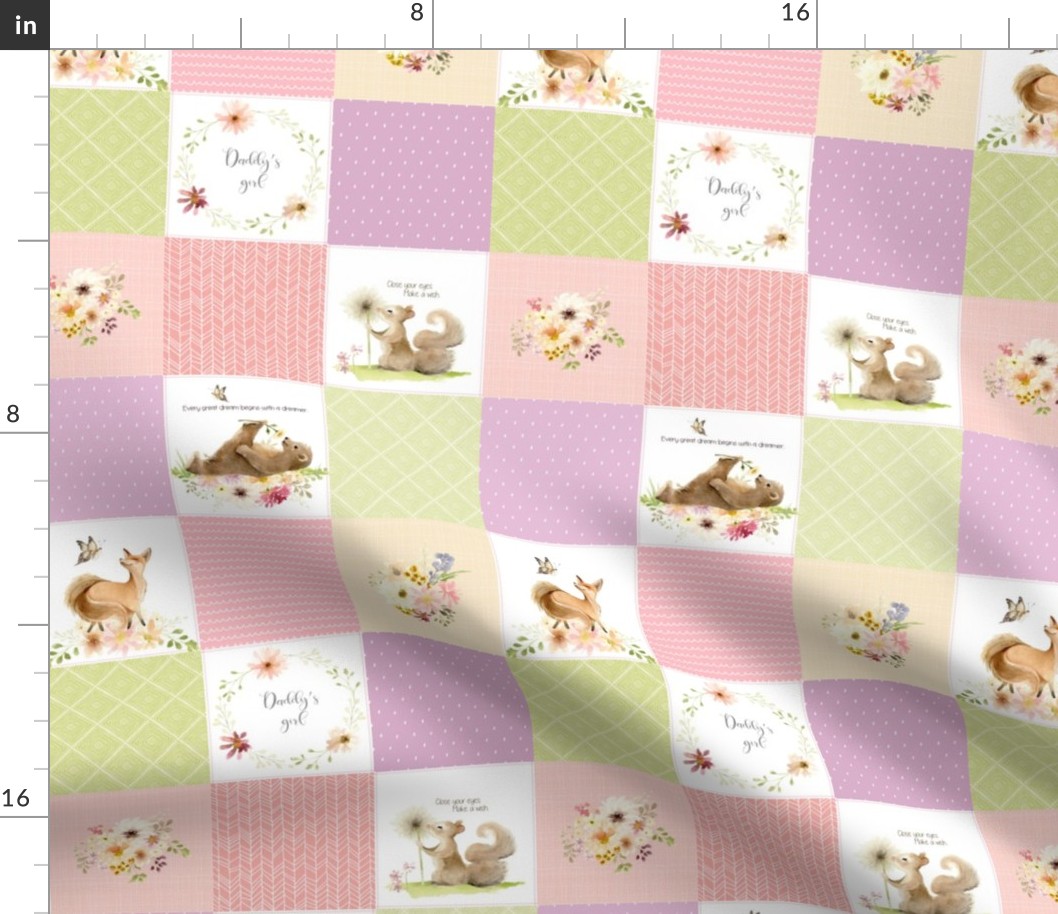 3" BLOCKS- Daddy's Girl Quilt Blanket Panel - Cheater Quilt - Bear Squirrel Fox Flowers - Pink Lilac Lime Blush, AVA Pattern E1