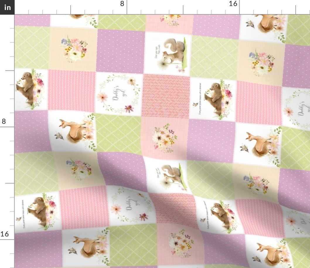 3" BLOCKS- Daddy's Girl Quilt Blanket Panel - Cheater Quilt - Bear Squirrel Fox Flowers - Pink Lilac Lime Blush, ROTATED, AVA Pattern E1