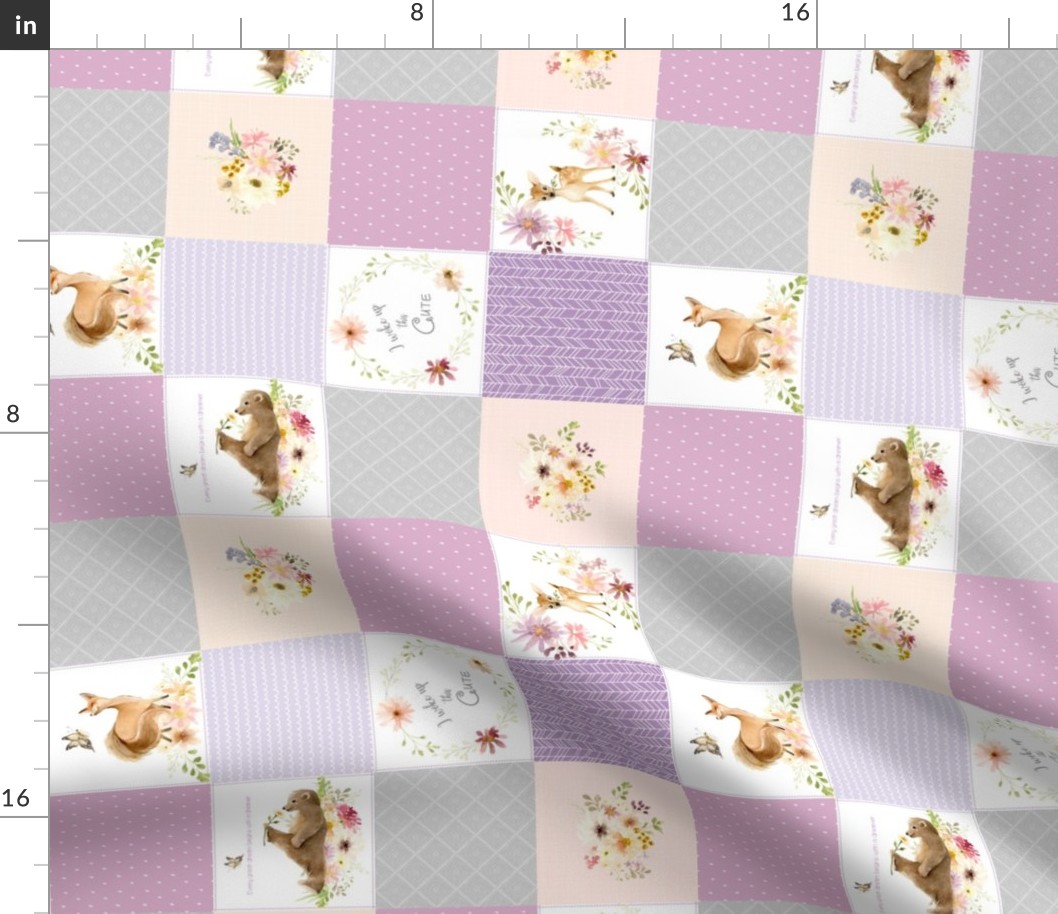 3" BLOCKS- Forest Friends Quilt Panel - Bear Fox Deer Flowers, Purple Lavender Lilac + Gray - ROTATED, LULA Pattern B