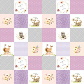 3" BLOCKS- Cute Forest Patchwork Cheater Quilt ROTATED - Fox Owl Squirrel Flowers, Purple Lavender Lilac + Gray - LULA Pattern C