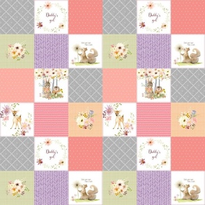 3" BLOCKS- Daddy's Girl Forest Animals Patchwork Cheater Quilt - Baby Girl Blanket, Bunny Hedgehog Squirrel Deer - Peach Coral Lavender + Gray - EMILY pattern A2
