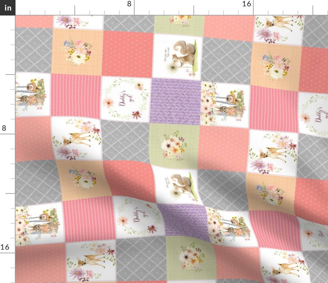 3" BLOCKS- Daddy's Girl Forest Animals Patchwork Cheater Quilt - Baby Girl Blanket, Bunny Hedgehog Squirrel Deer - Peach Coral Lavender + Gray - ROTATED, EMILY pattern A2