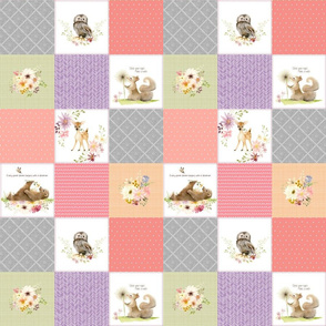 3" BLOCKS- Forest Animals Patchwork Cheater Quilt - Baby Girl Blanket, Bear Owl Squirrel Deer - Peach Coral Lavender + Gray - EMILY pattern A3