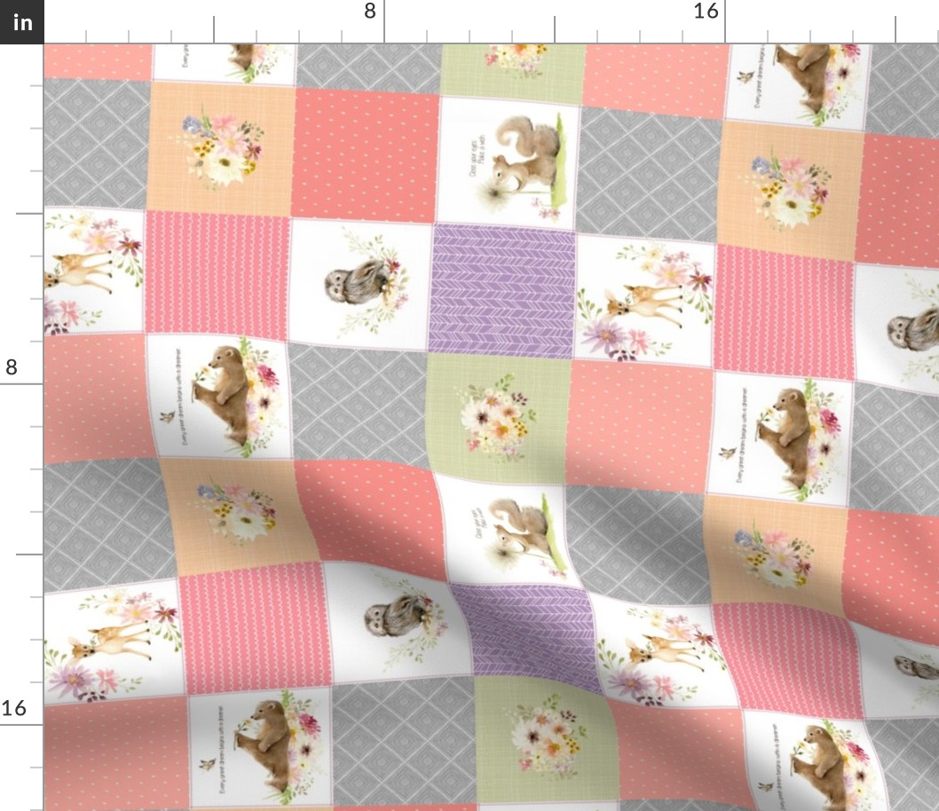 3" BLOCKS- Forest Animals Patchwork Cheater Quilt - Baby Girl Blanket, Bear Owl Squirrel Deer - Peach Coral Lavender + Gray - ROTATED,  EMILY pattern A3