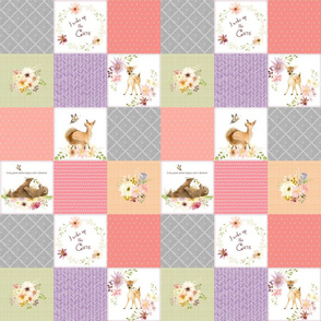3" BLOCKS- Forest Animals Patchwork Cheater Quilt - Baby Girl Blanket, Bear Fox Deer - Peach Coral Lavender + Gray - EMILY pattern A1